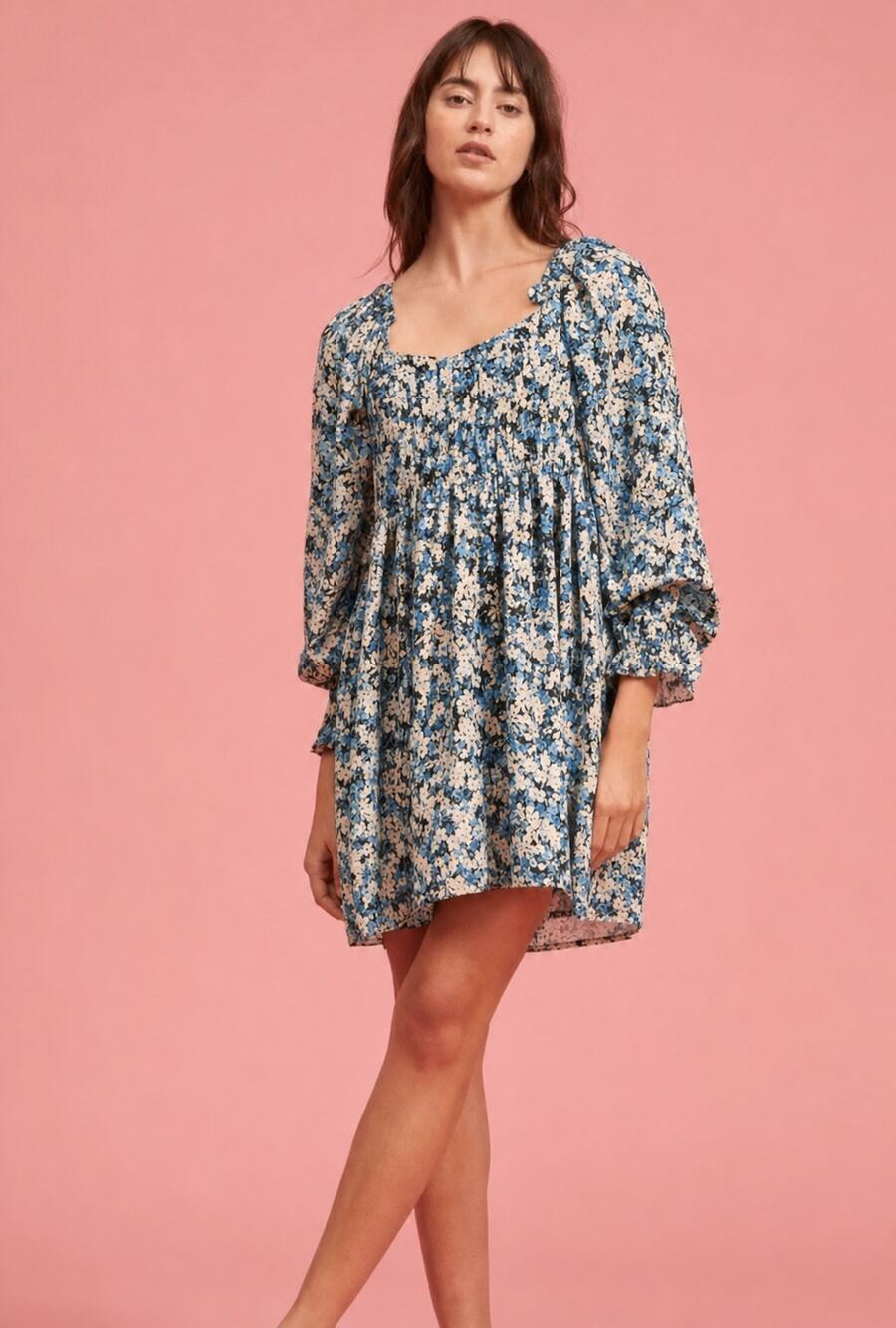 Lucy Paris Blue Floral Long Sleeve Mini Dress Size Large NWT - Picture 1 of 6